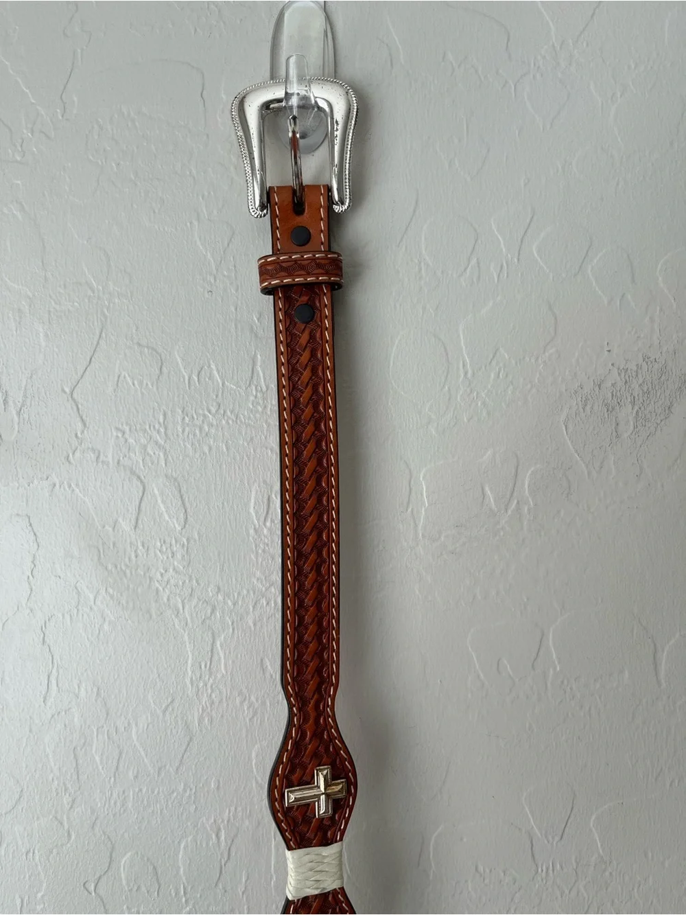 3D DDD Western Leather Tooled Cross Belt Size 36 Tan Brown White Silver